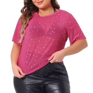Mesh Top Plus Size Silver Star Print Short Sleeve Sheer Crop Top Hot Pink